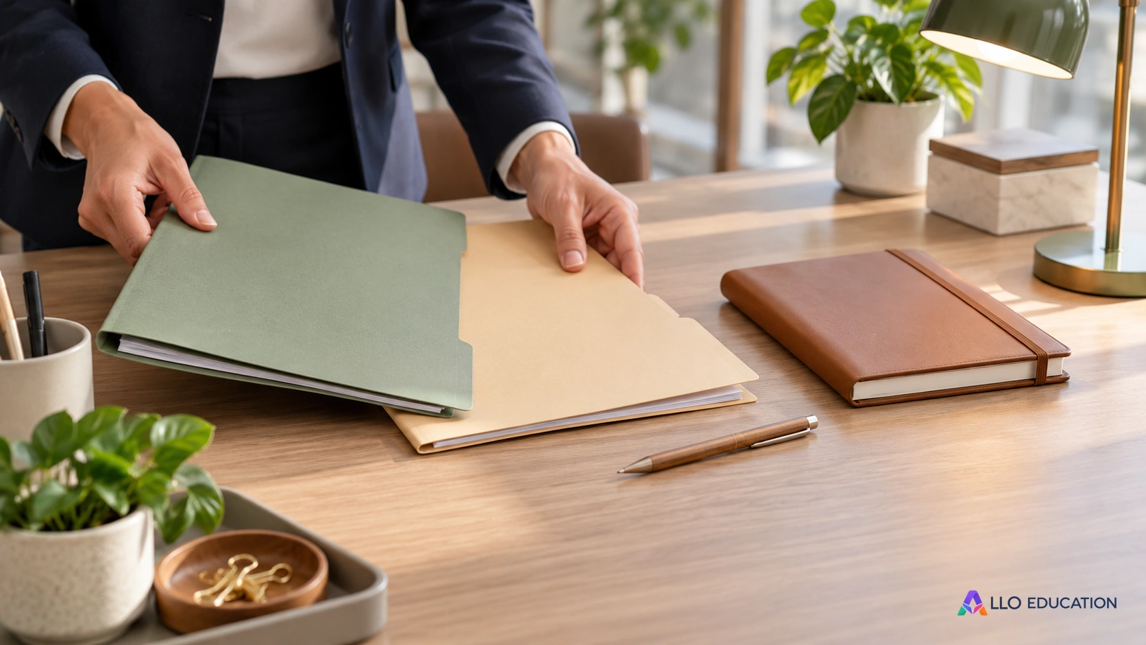 Sur un bureau professionnel, un agenda fermé et des dossiers vierges évoquent l’organisation des paiements dans le temps.