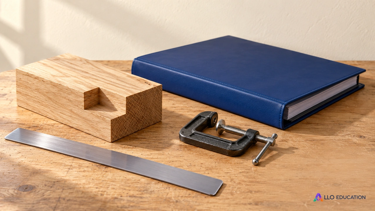 Une pièce de bois, un outil neutre et un dossier bleu fermé sur une table.