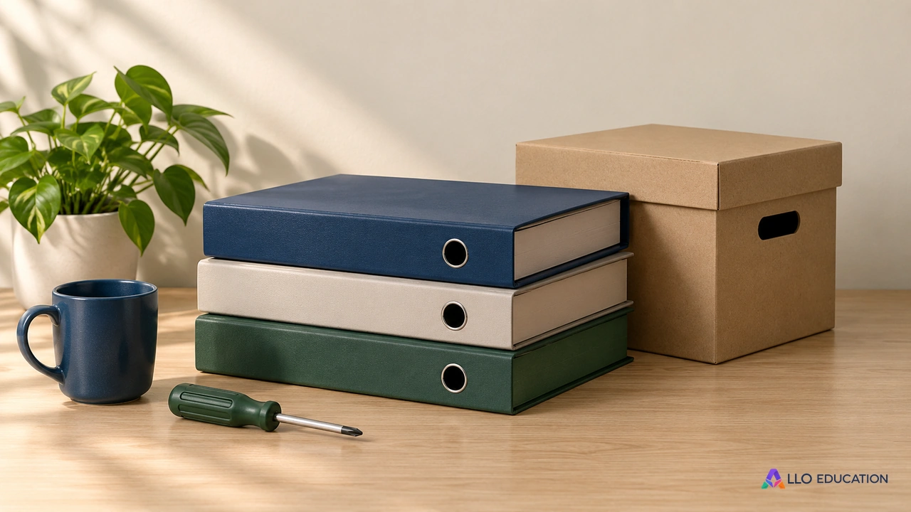 Des dossiers fermés, une boîte d’archivage et un outil neutre sur une table.